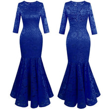 Load image into Gallery viewer, Floral Lace 3/4 Sleeves Illusion Royal Blue Prom Party Maxi Mermaid Dress - winsomesboutique