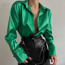 Load image into Gallery viewer, Elegant Satin Solid Long Sleeve Blouses Vintage Blue Green Casual Loose Fitting Buttons Down Shirts Tops