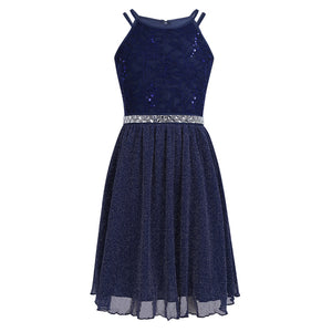 6-14T Teen Girls Sleeveless Sequined Floral Lace Shiny Dress Vestido de festa for Weeding Formal Birthday Party Summer Dresses