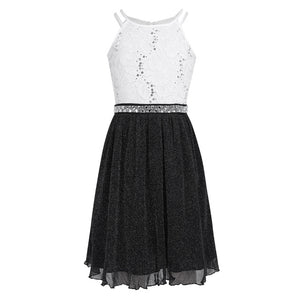 6-14T Teen Girls Sleeveless Sequined Floral Lace Shiny Dress Vestido de festa for Weeding Formal Birthday Party Summer Dresses
