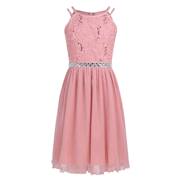 6-14T Teen Girls Sleeveless Sequined Floral Lace Shiny Dress Vestido de festa for Weeding Formal Birthday Party Summer Dresses