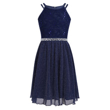 Load image into Gallery viewer, 6-14T Teen Girls Sleeveless Sequined Floral Lace Shiny Dress Vestido de festa for Weeding Formal Birthday Party Summer Dresses
