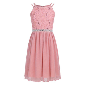 6-14T Teen Girls Sleeveless Sequined Floral Lace Shiny Dress Vestido de festa for Weeding Formal Birthday Party Summer Dresses