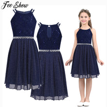 Load image into Gallery viewer, 6-14T Teen Girls Sleeveless Sequined Floral Lace Shiny Dress Vestido de festa for Weeding Formal Birthday Party Summer Dresses
