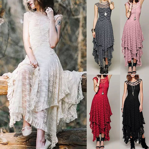 White Lace Asymmetrical Backless Plus Size Long Dresses - winsomesboutique