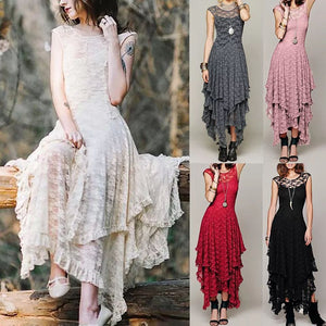 White Lace Asymmetrical Backless Plus Size Long Dresses - winsomesboutique