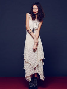 White Lace Asymmetrical Backless Plus Size Long Dresses - winsomesboutique