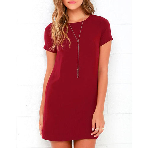 O-neck solid color short sleeve elegant straigth Loose mini dresses - winsomesboutique