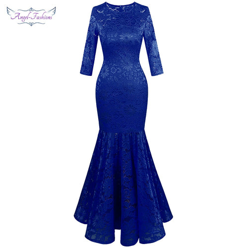 Floral Lace 3/4 Sleeves Illusion Royal Blue Prom Party Maxi Mermaid Dress - winsomesboutique