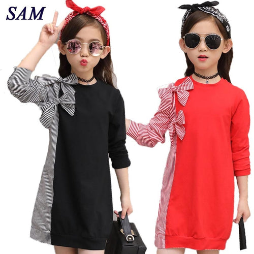 Children's  Long Sleeve Bow Tie Stitching Striped Shirt Dresses - winsomesboutique