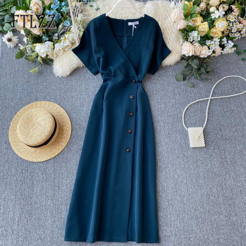 Short Sleeve Sexy V-neck Button Long Robe Woman Casual Wear Dress - winsomesboutique