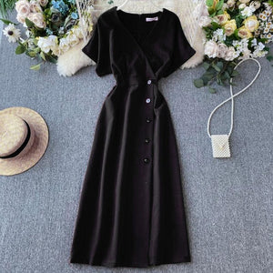 Short Sleeve Sexy V-neck Button Long Robe Woman Casual Wear Dress - winsomesboutique