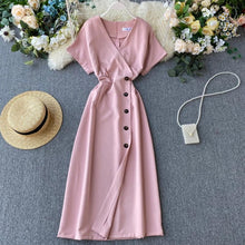 Load image into Gallery viewer, Short Sleeve Sexy V-neck Button Long Robe Woman Casual Wear Dress - winsomesboutique
