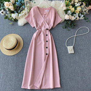 Short Sleeve Sexy V-neck Button Long Robe Woman Casual Wear Dress - winsomesboutique