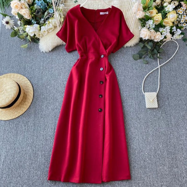 Short Sleeve Sexy V-neck Button Long Robe Woman Casual Wear Dress - winsomesboutique