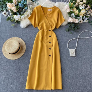 Short Sleeve Sexy V-neck Button Long Robe Woman Casual Wear Dress - winsomesboutique