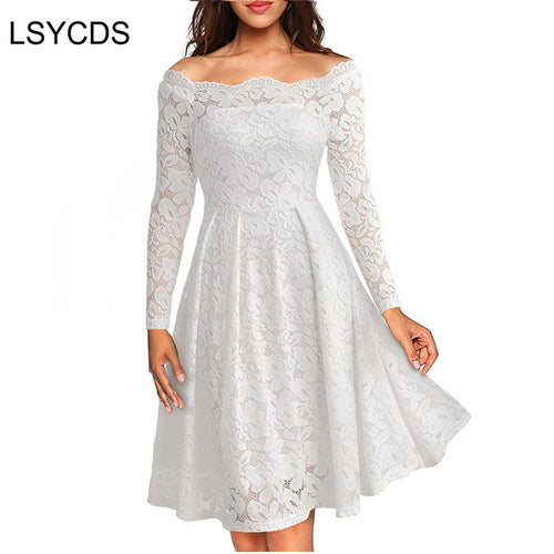 White Lace Long Sleeve A-line Slash Neck Plus Size S-3XL Wedding Party Casual Dress - winsomesboutique