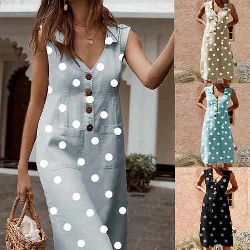 Plus Size Maxi Long Midi Sleeveless Loose A Line Polka Dot Dresses - winsomesboutique