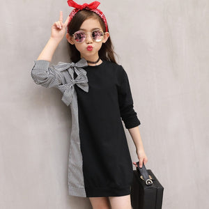 Children's  Long Sleeve Bow Tie Stitching Striped Shirt Dresses - winsomesboutique