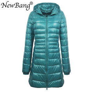 Ladies Long Warm Ultra Light Down Jacket With Portable Storage Bag Overcoats Hip-Length