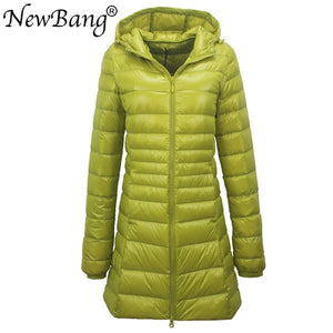 Ladies Long Warm Ultra Light Down Jacket With Portable Storage Bag Overcoats Hip-Length