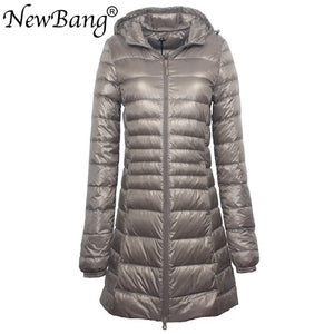 Ladies Long Warm Ultra Light Down Jacket With Portable Storage Bag Overcoats Hip-Length