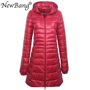 Ladies Long Warm Ultra Light Down Jacket With Portable Storage Bag Overcoats Hip-Length