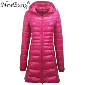 Ladies Long Warm Ultra Light Down Jacket With Portable Storage Bag Overcoats Hip-Length