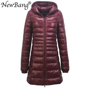 Ladies Long Warm Ultra Light Down Jacket With Portable Storage Bag Overcoats Hip-Length