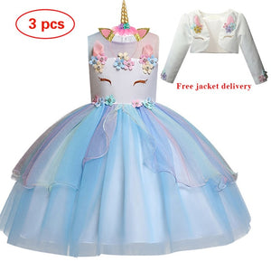 New Elsa Unicorn Dress for Girls Embroidery Ball Gown Princess Birthday Dresses - winsomesboutique