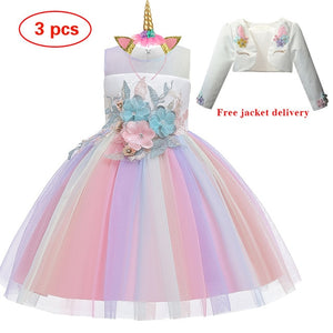 New Elsa Unicorn Dress for Girls Embroidery Ball Gown Princess Birthday Dresses - winsomesboutique