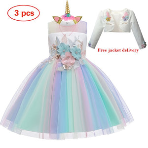 New Elsa Unicorn Dress for Girls Embroidery Ball Gown Princess Birthday Dresses - winsomesboutique