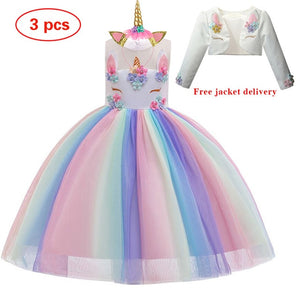 New Elsa Unicorn Dress for Girls Embroidery Ball Gown Princess Birthday Dresses - winsomesboutique