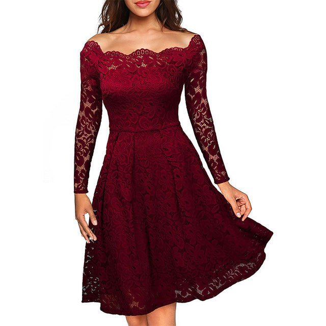 White Lace Long Sleeve A-line Slash Neck Plus Size S-3XL Wedding Party Casual Dress - winsomesboutique