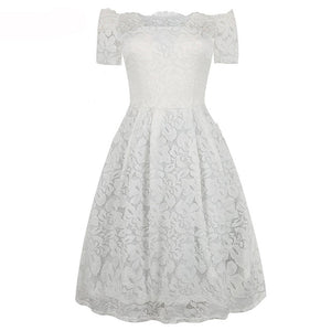 White Lace Long Sleeve A-line Slash Neck Plus Size S-3XL Wedding Party Casual Dress - winsomesboutique