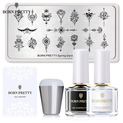 BORN PRTTY 5Pcs Nail Art Kit  with Stamping Plates Stamper Scraper White Black Nail Printing Varnish - winsomesboutique