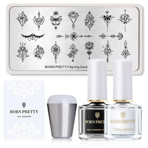 BORN PRTTY 5Pcs Nail Art Kit  with Stamping Plates Stamper Scraper White Black Nail Printing Varnish - winsomesboutique