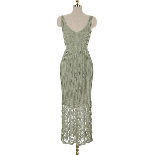 Summer Women  Knitting V-Neck Lace Long Dress - winsomesboutique
