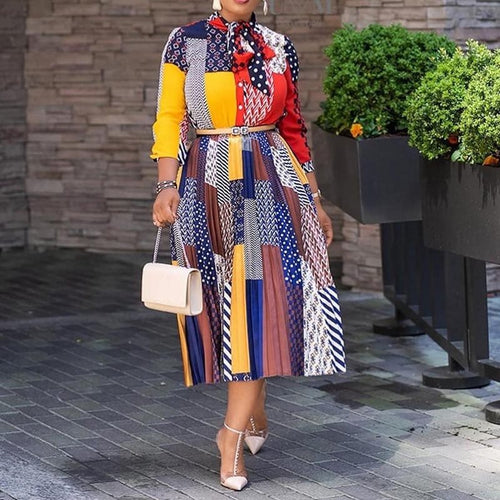 Ladies Bow Collar Print A-Line Color Block Casual Fit And Flare Pleated Dress - winsomesboutique