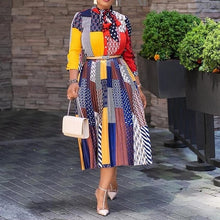 Load image into Gallery viewer, Ladies Bow Collar Print A-Line Color Block Casual Fit And Flare Pleated Dress - winsomesboutique
