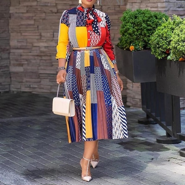 Ladies Bow Collar Print A-Line Color Block Casual Fit And Flare Pleated Dress - winsomesboutique