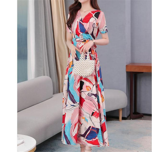 Short sleeve waist V-neck A-Line Loose Printed Chiffon Dress - winsomesboutique