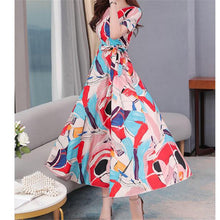 Load image into Gallery viewer, Short sleeve waist V-neck A-Line Loose Printed Chiffon Dress - winsomesboutique
