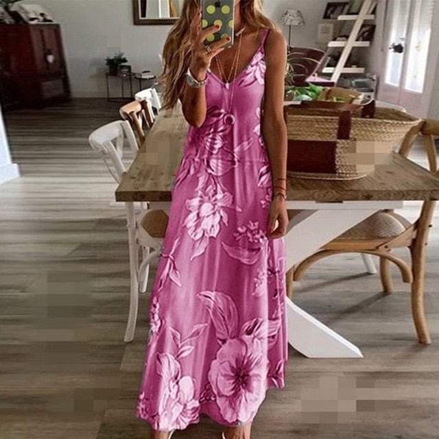 Summer Sleeveless Floral Print Maxi Long Beach Dresses - winsomesboutique