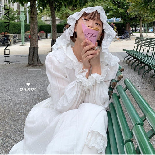 White Long Sleeve Hooded Women Vestidos Split Joint Lace - winsomesboutique