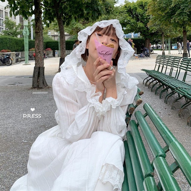 White Long Sleeve Hooded Women Vestidos Split Joint Lace - winsomesboutique