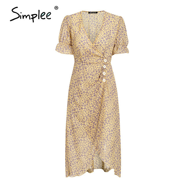 Simplee Floral Print V-Neck Short Sleeve Buttons High Waist bodycon dress - winsomesboutique