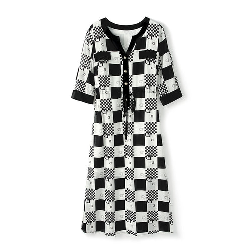 V collar short sleeve black and white contrast silk dress - winsomesboutique