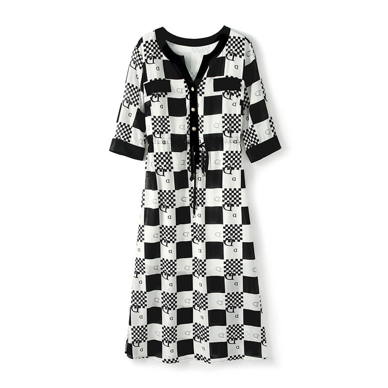 V collar short sleeve black and white contrast silk dress - winsomesboutique