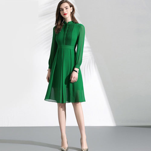 Green long-sleeved pleated waist women's chiffon dress - winsomesboutique